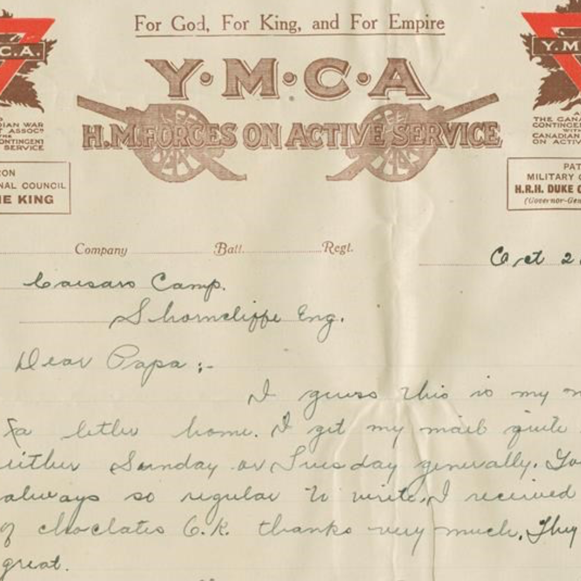 Letter from Archie to his father, handwritten on YMCA letterhead.